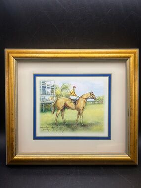 Jockey Horse Rider Equestrian Print Artwork Gold Tone Wooden Frame Art Decor